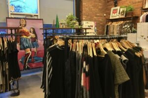 Racks of clothing and jewelry