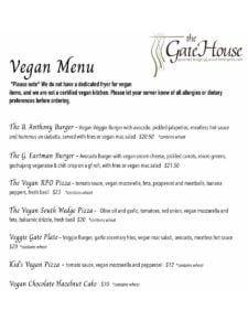 The Gate House Vegan Menu