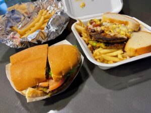 Homemade Veggie burger garbage plate and fries