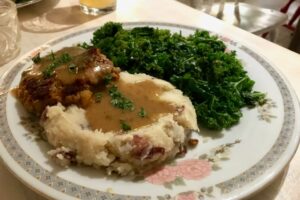 The Lentil Loaf with kale and mashed potatoes