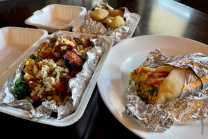 Mt. Olympus Plate, Kafteri Egg Sandwich and Lemon Potatoes
