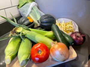 Corn, acorn squash, lettuce, onions, zucchini, yellow beans and a tomato purchased at the Public Market