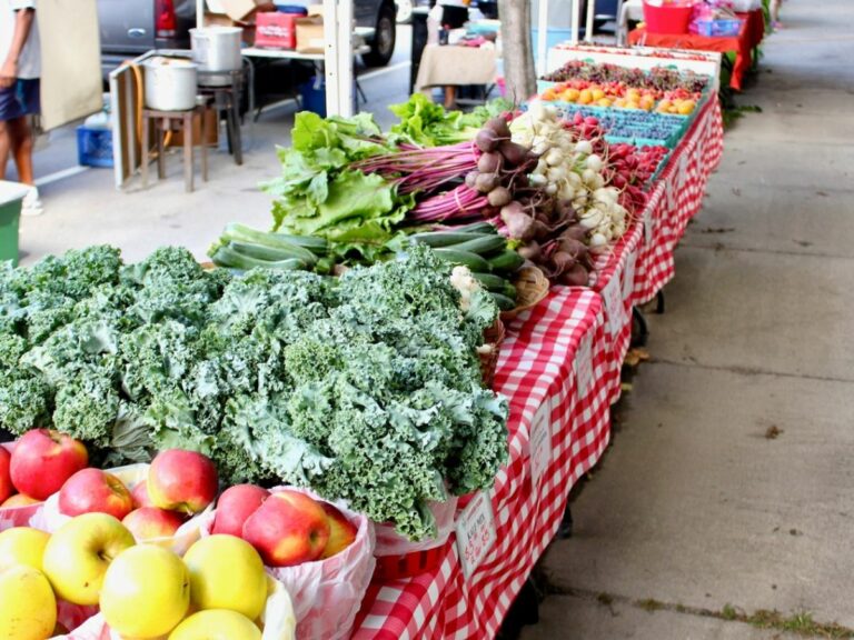 Table with brightly colored fruits and vegetables including apples, kale, beets, and blueberries.