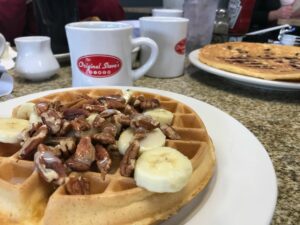 Pecans and banana waffle at Steve's Diner