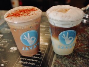 Two iced lattes on a counter at Java's in downtown Rochester.