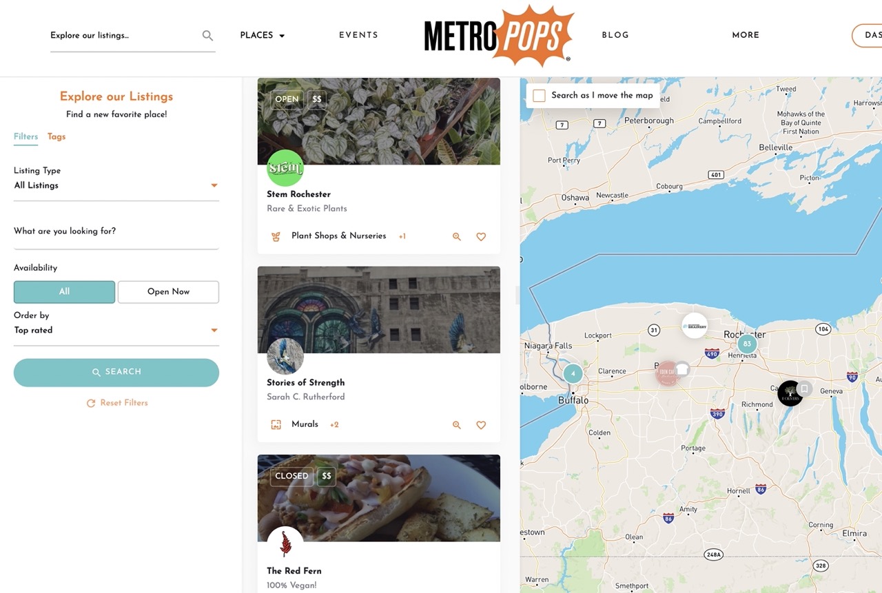 Screenshot of our explore page with options to search for listings.
