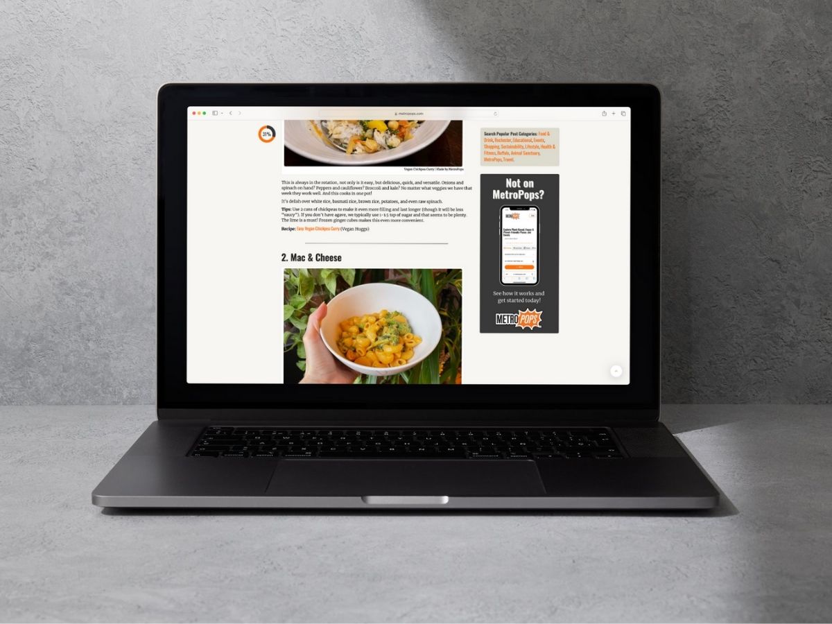 MetroPops blog page with side bar ad shown on a laptop.