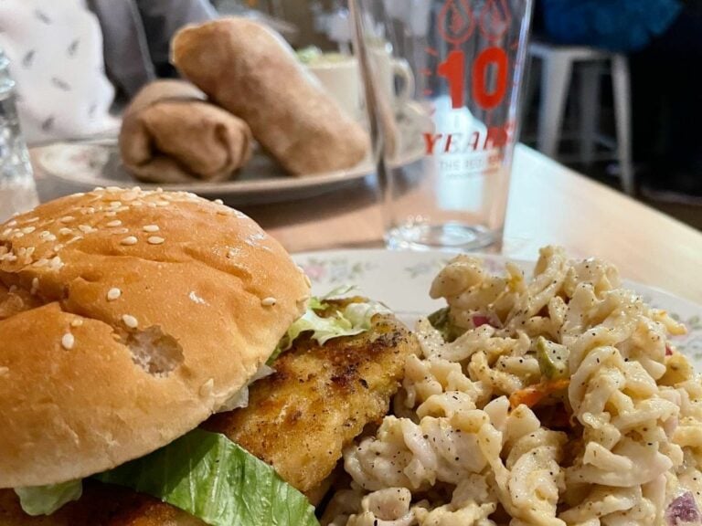 Red Fern 10 year celebration glass, vegan chicken special, and mac salad