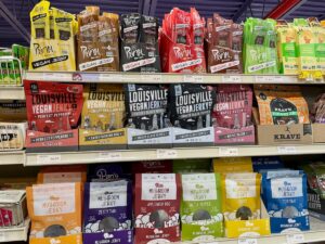 3 rows of vegan jerky at Green Planet Grocery.
