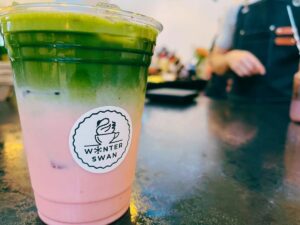 Rose Matcha iced coffee at Winter Swan Coffee