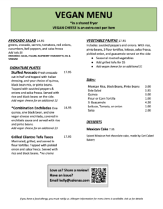 Salena's menu page 2 of 2