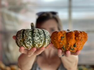 Girl holding up two different pumpkins