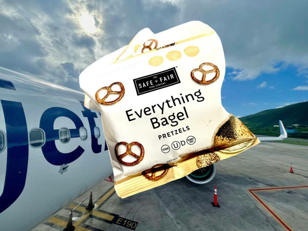 Snack sized bag of Everything Bagel pretzels