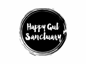 Happy Gut Sanctuary script logo inside a black circle.