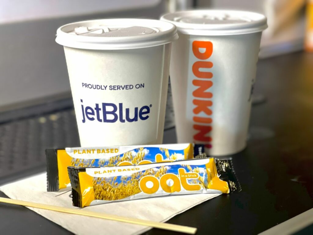 plant-based oat milk on jetblue with Dunkin' coffee