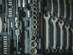 Tools in an open tool case.