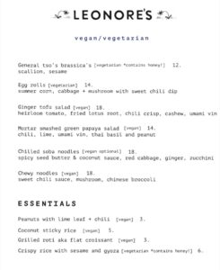 Leonore's Vegan and Vegetarian menu selection