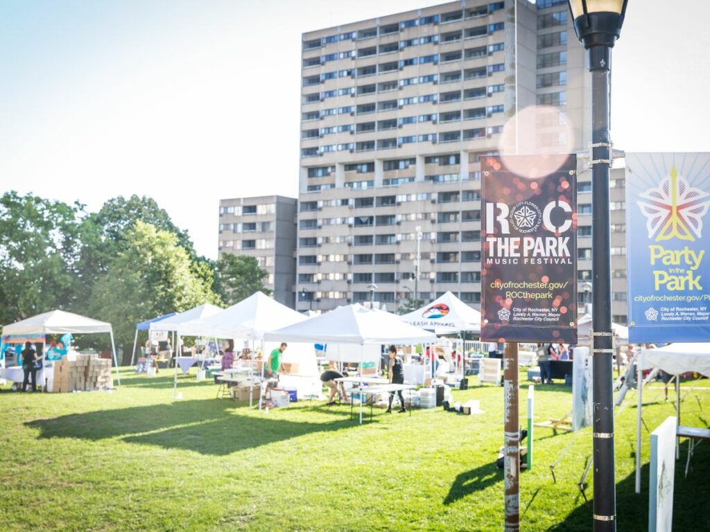 Vendors setting up at Rochester VegFest in 2018
