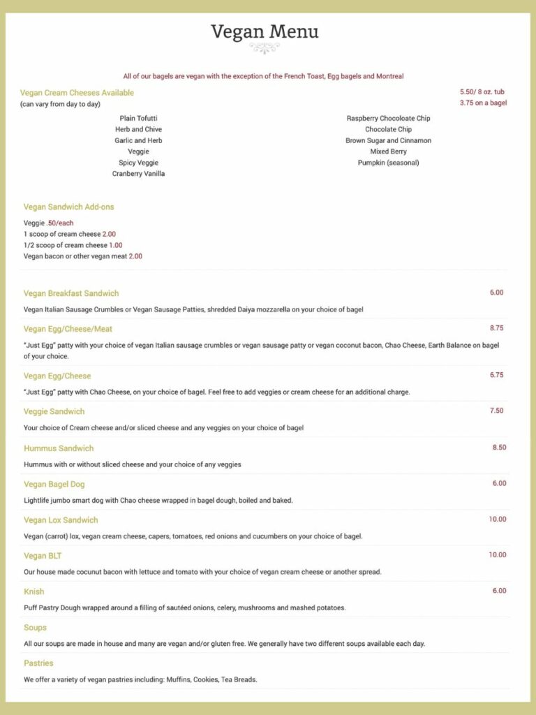 Balsam Bagels vegan menu
