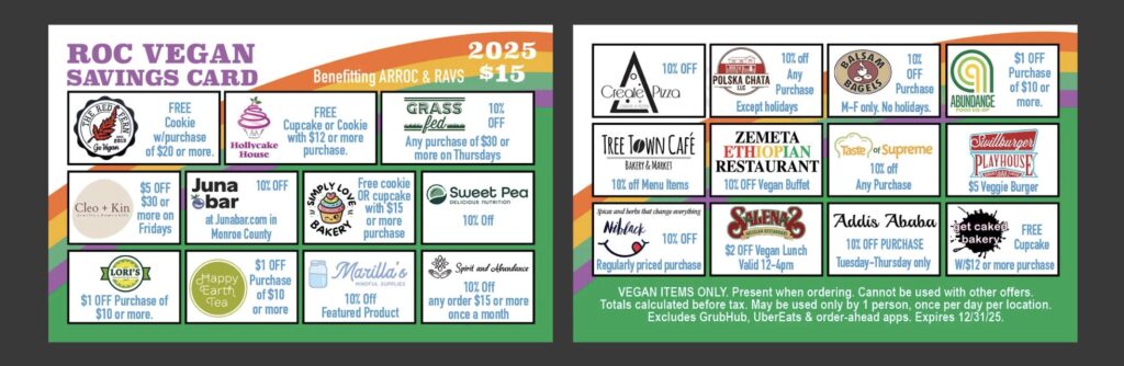 2025 Roc Vegan Savings Card showcasing deals at vegan businesses around Rochester